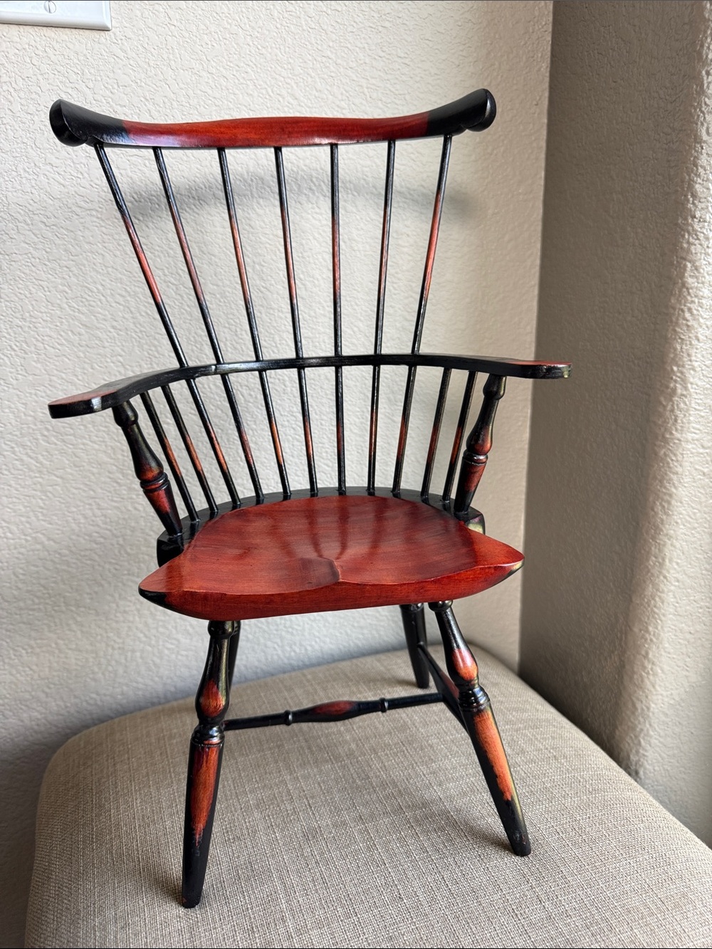 Vintage Miniature Two-Tone Wooden Windsor Doll Armchair - Red & Black